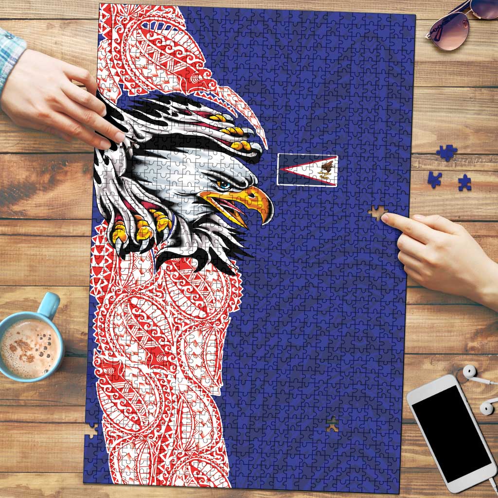 American Samoa Flag Day Puzzle Tribal Tattoo with Eagle Blue-Red