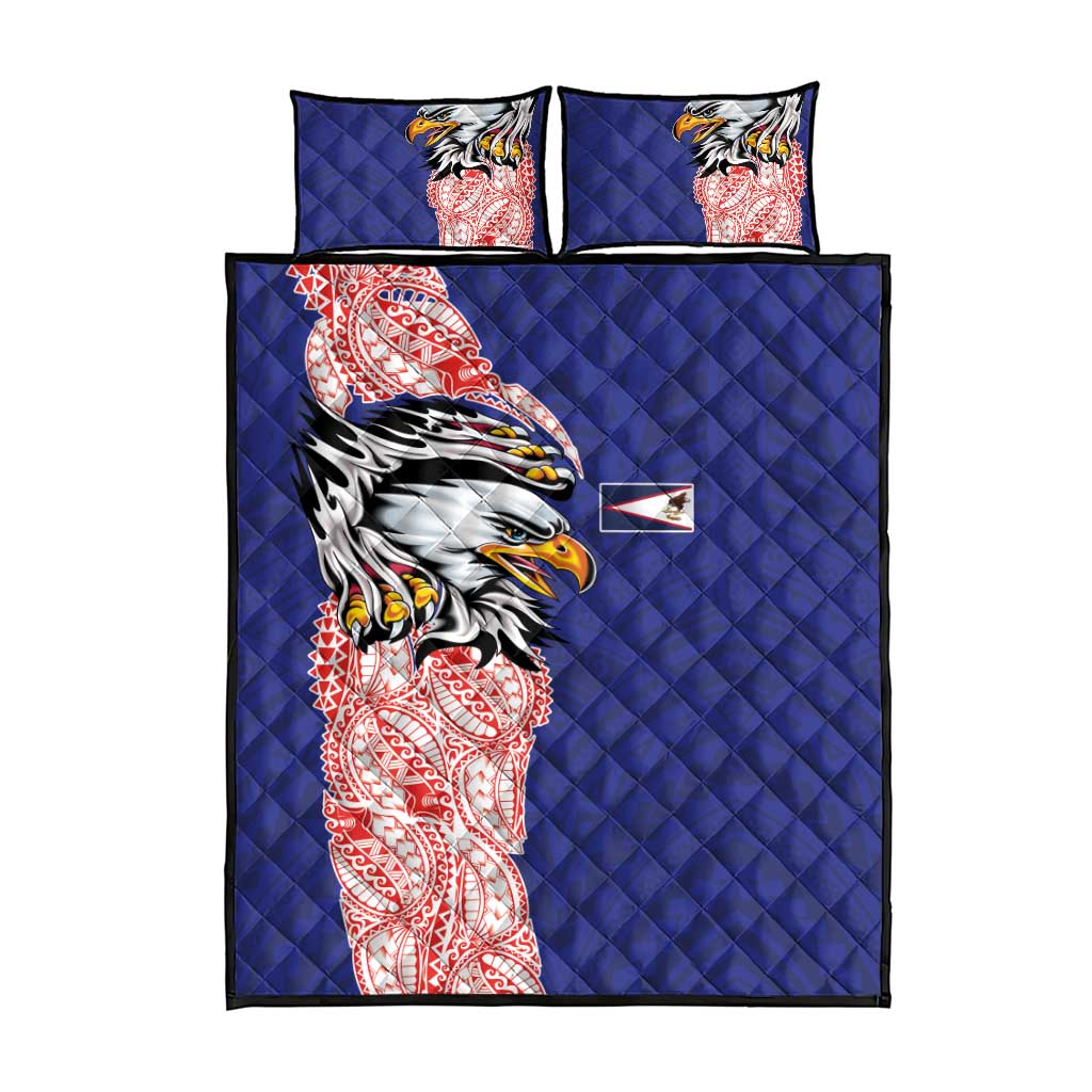 American Samoa Flag Day Quilt Bed Set Tribal Tattoo with Eagle Blue-Red