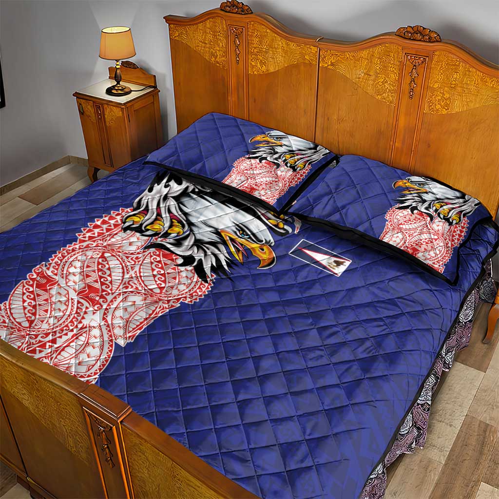 American Samoa Flag Day Quilt Bed Set Tribal Tattoo with Eagle Blue-Red