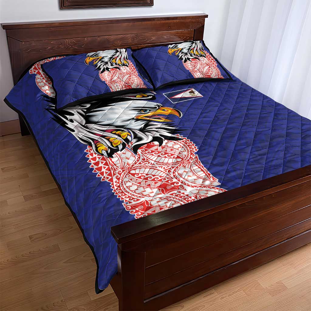 American Samoa Flag Day Quilt Bed Set Tribal Tattoo with Eagle Blue-Red