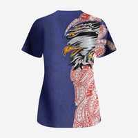 American Samoa Flag Day Scrub Top Tribal Tattoo with Eagle Blue-Red