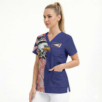 American Samoa Flag Day Scrub Top Tribal Tattoo with Eagle Blue-Red