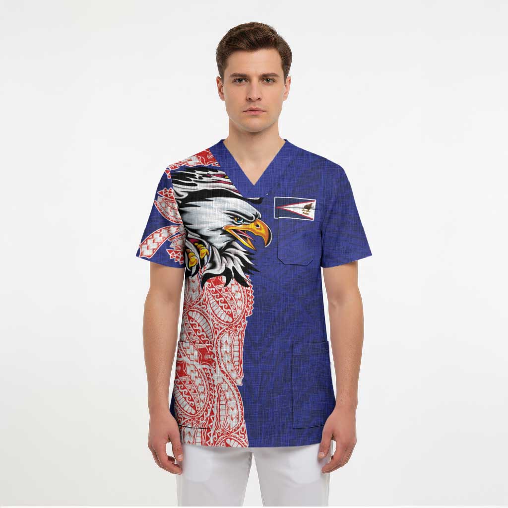 American Samoa Flag Day Scrub Top Tribal Tattoo with Eagle Blue-Red