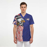 American Samoa Flag Day Scrub Top Tribal Tattoo with Eagle Blue-Red