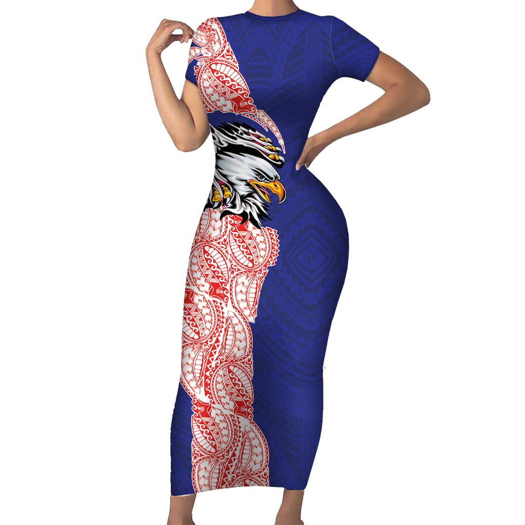 American Samoa Flag Day Short Sleeve Bodycon Dress Tribal Tattoo with Eagle Blue-Red