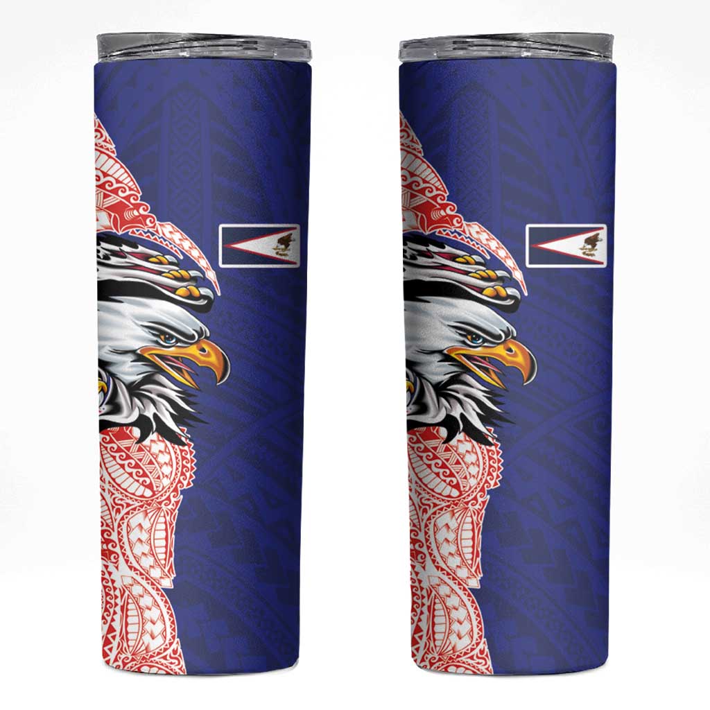American Samoa Flag Day Skinny Tumbler Tribal Tattoo with Eagle Blue-Red LT03 Blue - Polynesian Pride