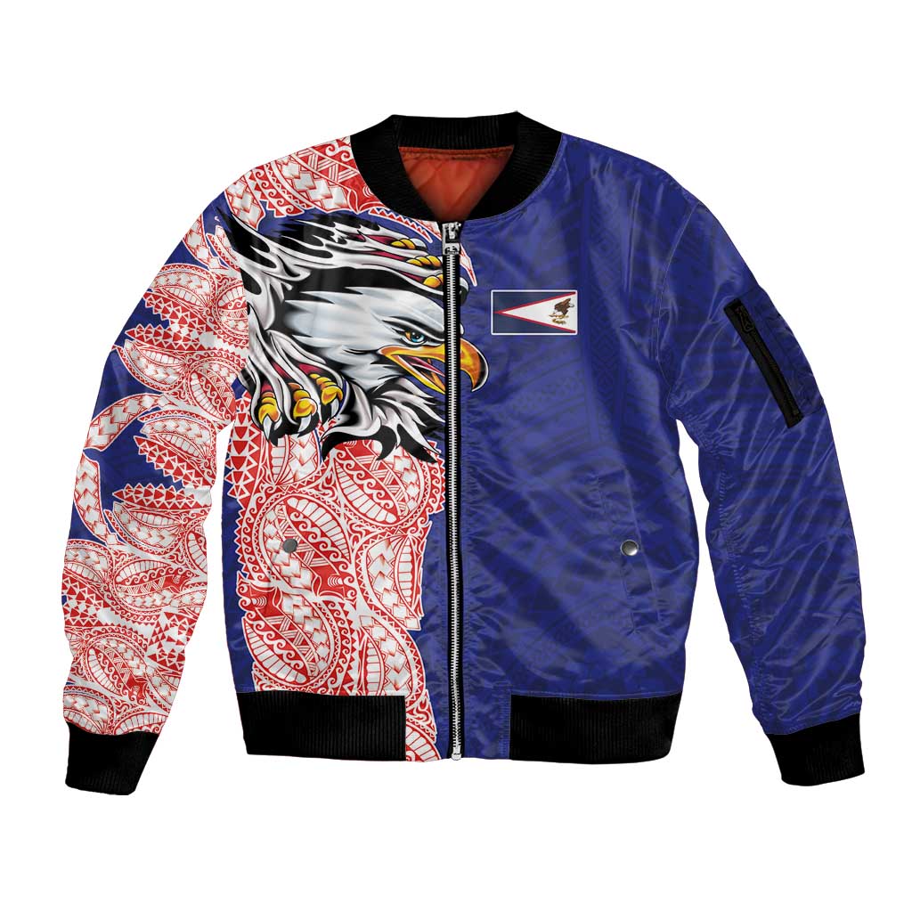 American Samoa Flag Day Sleeve Zip Bomber Jacket Tribal Tattoo with Eagle Blue-Red