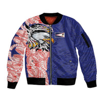 American Samoa Flag Day Sleeve Zip Bomber Jacket Tribal Tattoo with Eagle Blue-Red