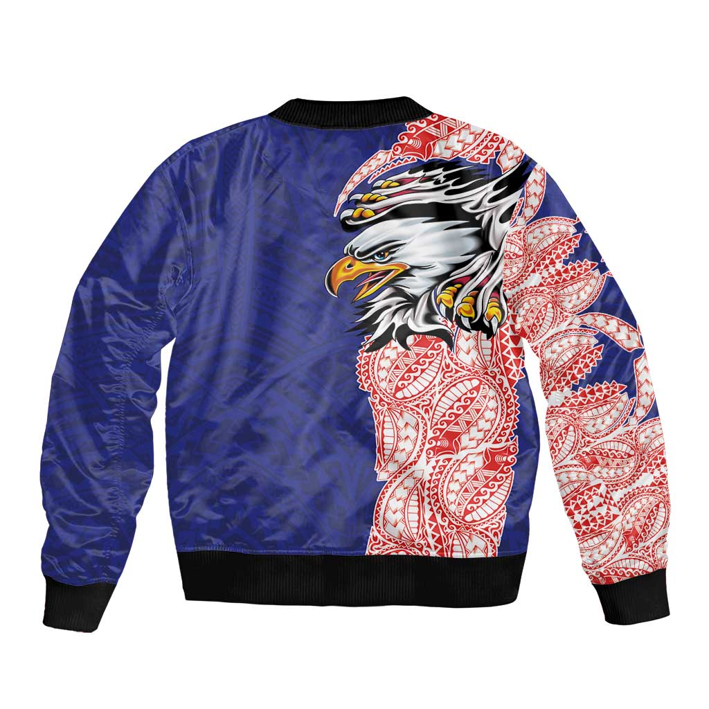 American Samoa Flag Day Sleeve Zip Bomber Jacket Tribal Tattoo with Eagle Blue-Red