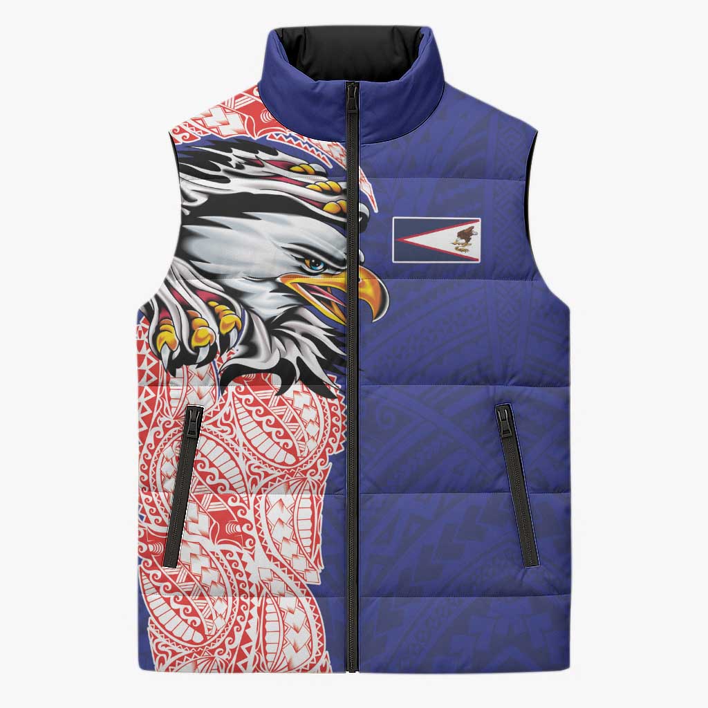 American Samoa Flag Day Sleeveless Puffer Jacket Tribal Tattoo with Eagle Blue-Red