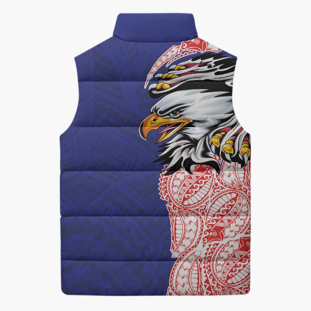American Samoa Flag Day Sleeveless Puffer Jacket Tribal Tattoo with Eagle Blue-Red