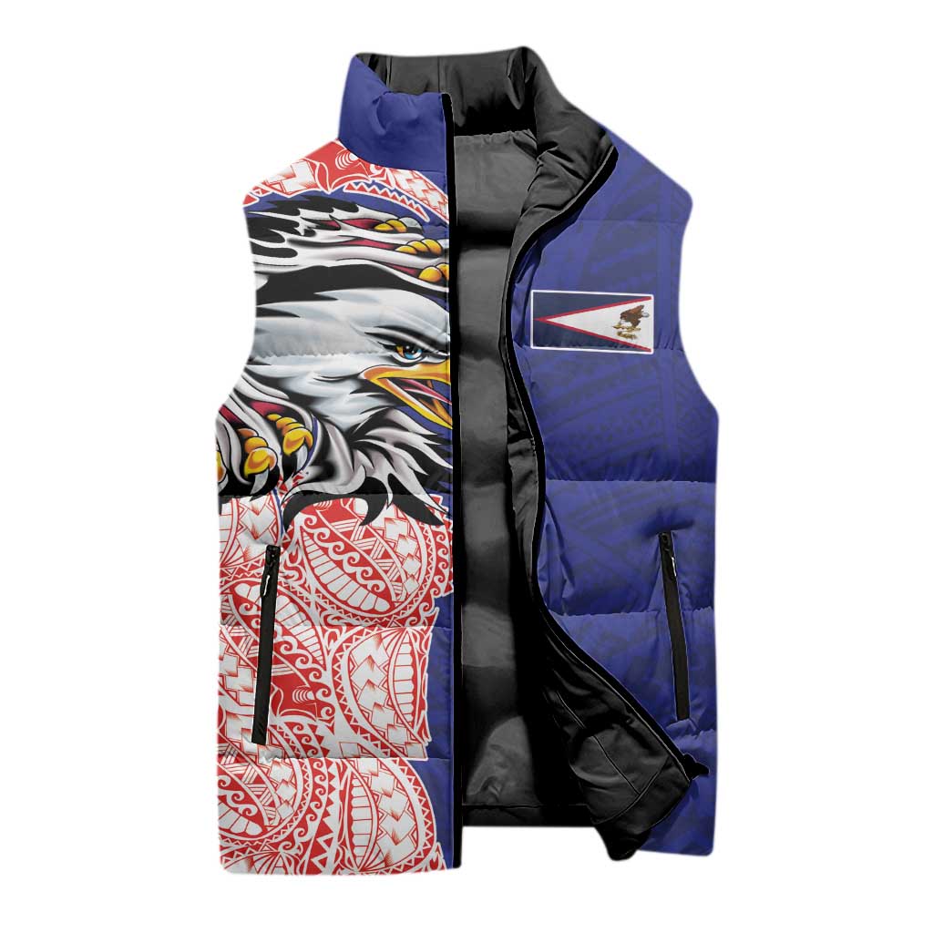 American Samoa Flag Day Sleeveless Puffer Jacket Tribal Tattoo with Eagle Blue-Red