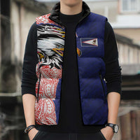 American Samoa Flag Day Sleeveless Puffer Jacket Tribal Tattoo with Eagle Blue-Red