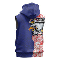 American Samoa Flag Day Sleeveless Zip Hoodie Tribal Tattoo with Eagle Blue-Red