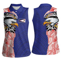 American Samoa Flag Day Women Sleeveless Polo Shirt Tribal Tattoo with Eagle Blue-Red