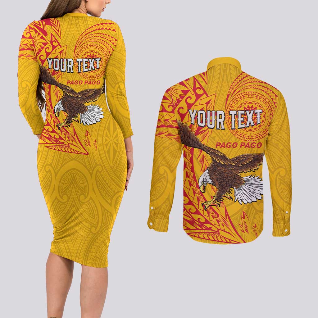 Personalised American Samoa Flag Day Couples Matching Long Sleeve Bodycon Dress and Long Sleeve Button Shirt Fautasi Race Pago Pago-Aeto Eagle Wings Tribal Style