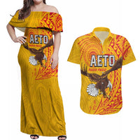 Personalised American Samoa Flag Day Couples Matching Off Shoulder Maxi Dress and Hawaiian Shirt Fautasi Race Pago Pago-Aeto Eagle Wings Tribal Style