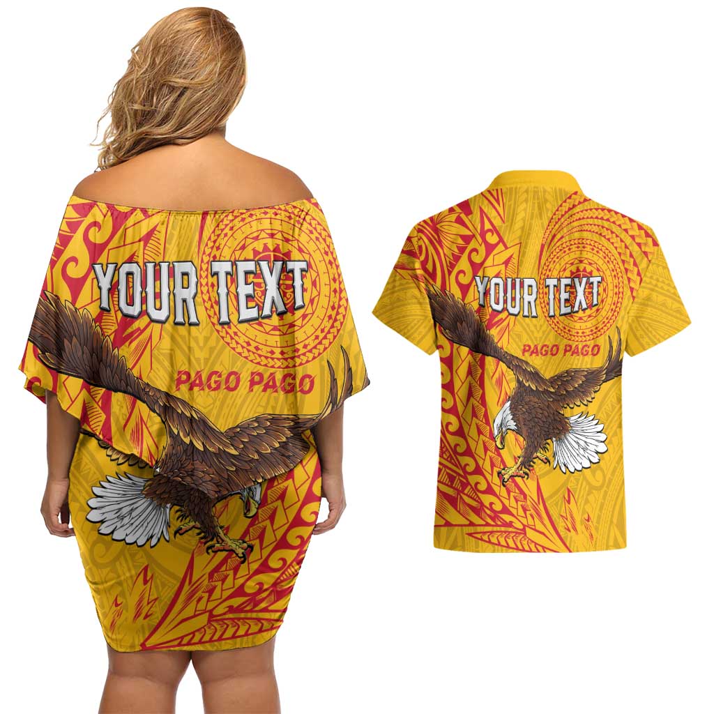 Personalised American Samoa Flag Day Couples Matching Off Shoulder Short Dress and Hawaiian Shirt Fautasi Race Pago Pago-Aeto Eagle Wings Tribal Style