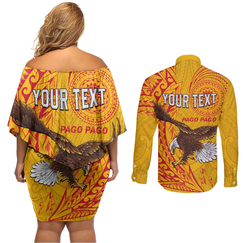 Personalised American Samoa Flag Day Couples Matching Off Shoulder Short Dress and Long Sleeve Button Shirt Fautasi Race Pago Pago-Aeto Eagle Wings Tribal Style