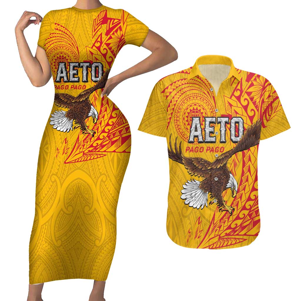 Personalised American Samoa Flag Day Couples Matching Short Sleeve Bodycon Dress and Hawaiian Shirt Fautasi Race Pago Pago-Aeto Eagle Wings Tribal Style