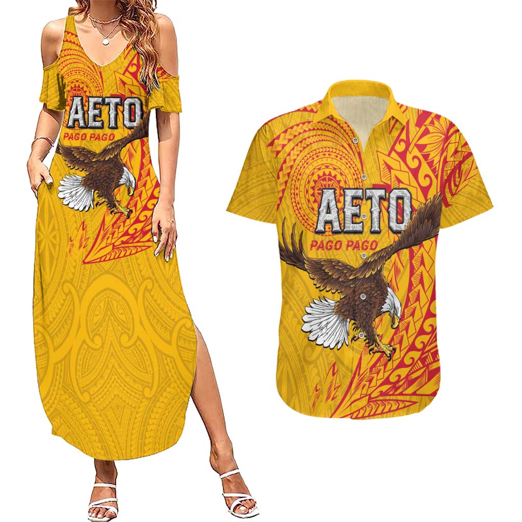 Personalised American Samoa Flag Day Couples Matching Summer Maxi Dress and Hawaiian Shirt Fautasi Race Pago Pago-Aeto Eagle Wings Tribal Style