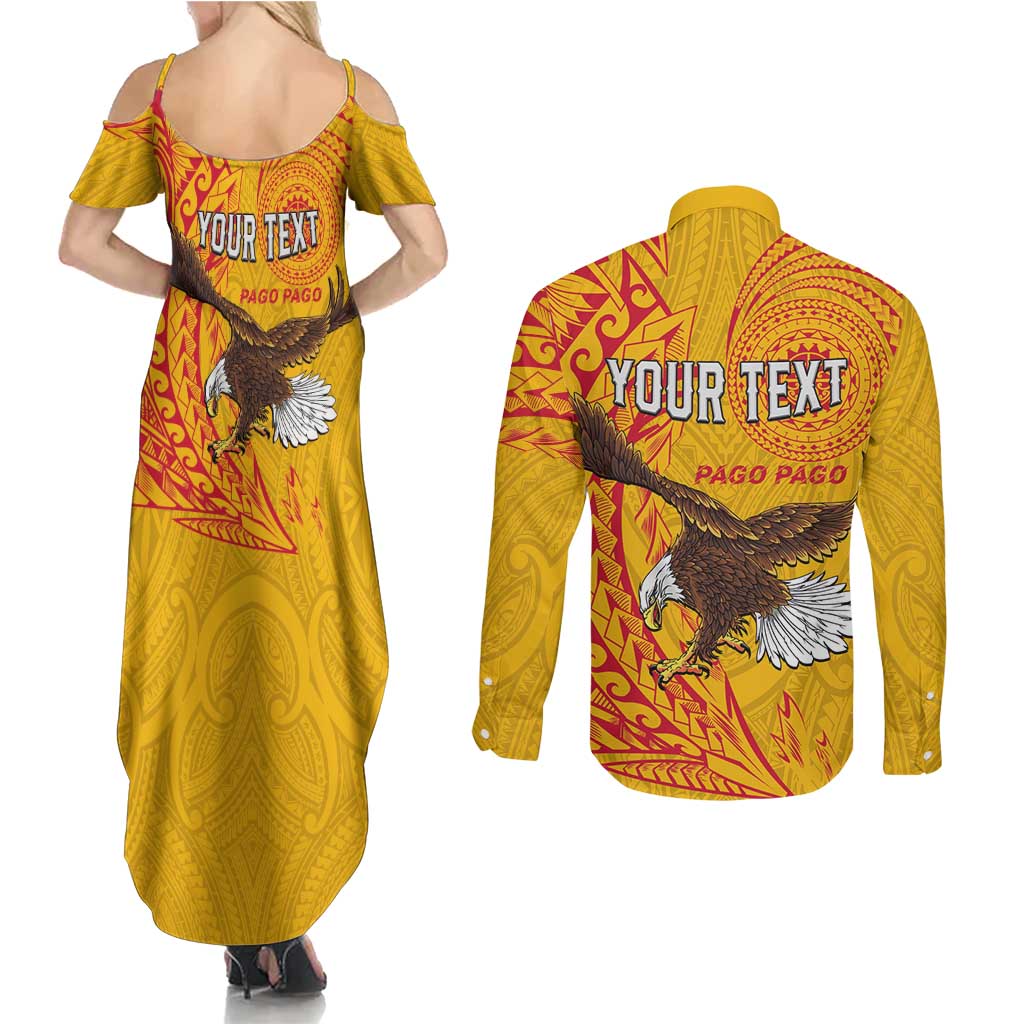 Personalised American Samoa Flag Day Couples Matching Summer Maxi Dress and Long Sleeve Button Shirt Fautasi Race Pago Pago-Aeto Eagle Wings Tribal Style