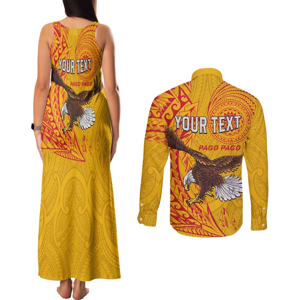 Personalised American Samoa Flag Day Couples Matching Tank Maxi Dress and Long Sleeve Button Shirt Fautasi Race Pago Pago-Aeto Eagle Wings Tribal Style