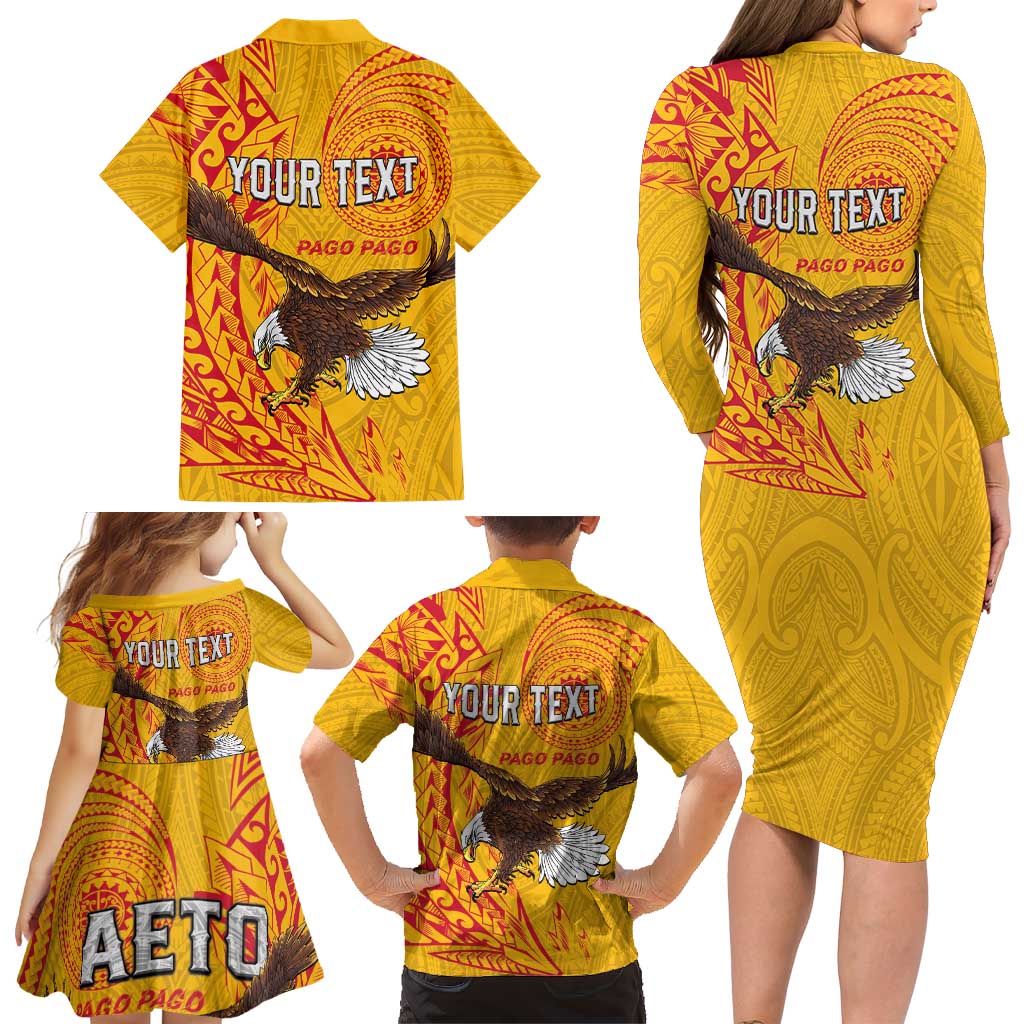 Personalised American Samoa Flag Day Family Matching Long Sleeve Bodycon Dress and Hawaiian Shirt Fautasi Race Pago Pago-Aeto Eagle Wings Tribal Style LT03 - Polynesian Pride