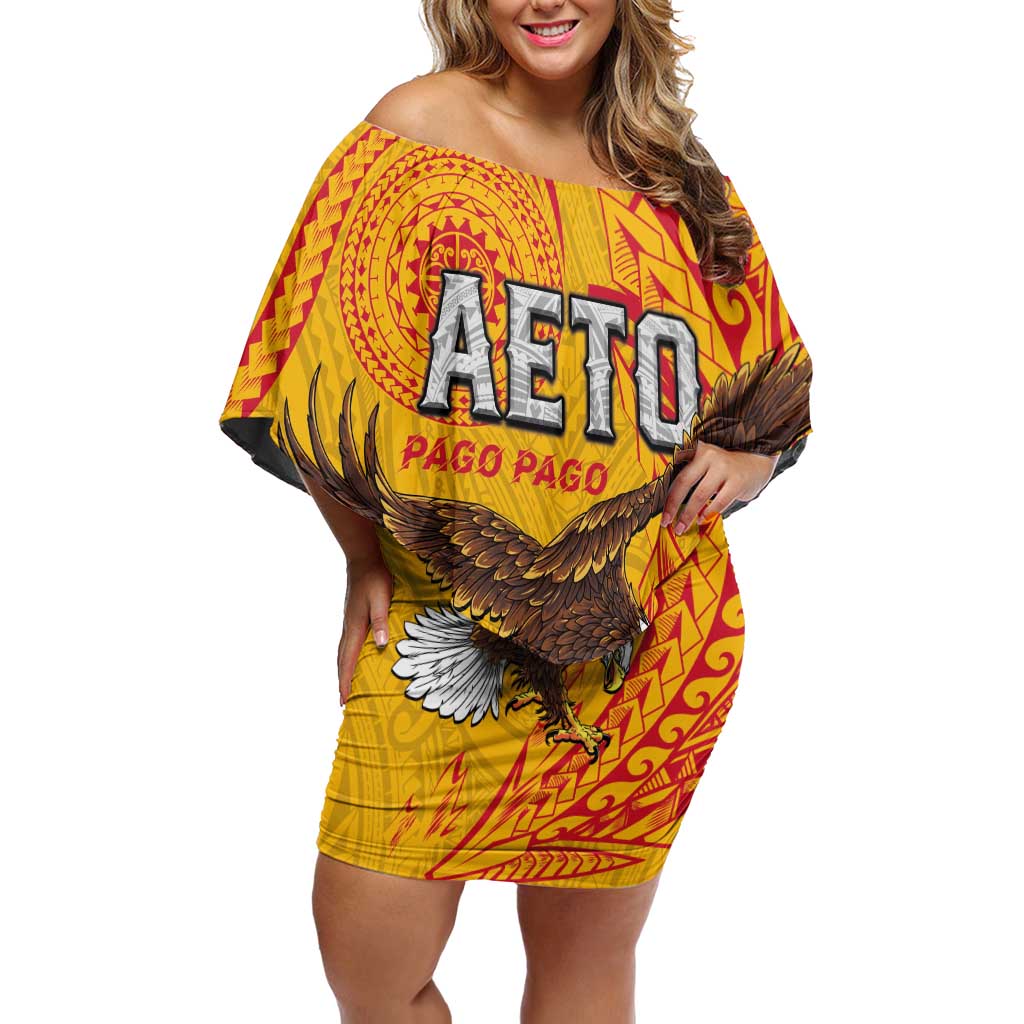 Personalised American Samoa Flag Day Family Matching Off Shoulder Short Dress and Hawaiian Shirt Fautasi Race Pago Pago-Aeto Eagle Wings Tribal Style LT03 Mom's Dress Multicolor - Polynesian Pride