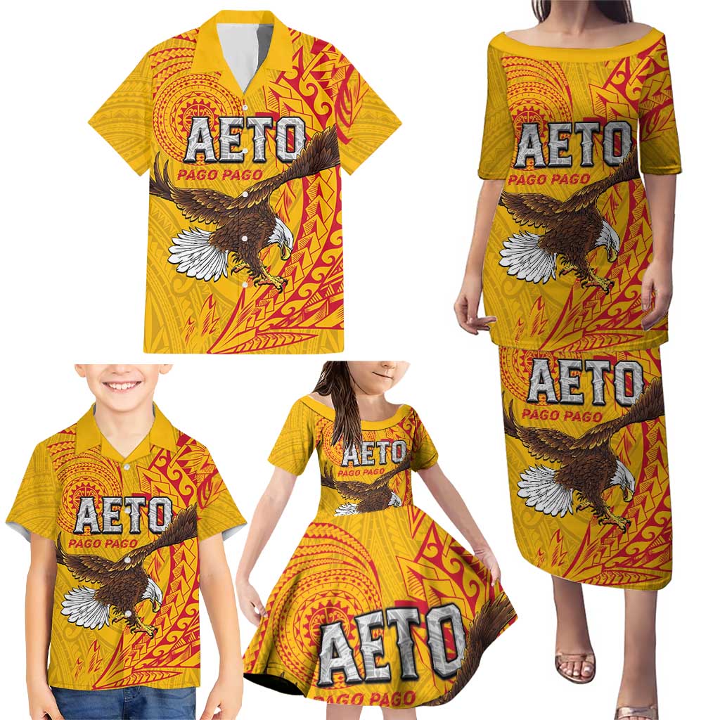 Personalised American Samoa Flag Day Family Matching Puletasi and Hawaiian Shirt Fautasi Race Pago Pago-Aeto Eagle Wings Tribal Style