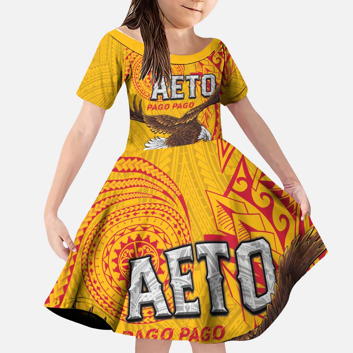 Personalised American Samoa Flag Day Kid Short Sleeve Dress Fautasi Race Pago Pago-Aeto Eagle Wings Tribal Style LT03 KID Multicolor - Polynesian Pride