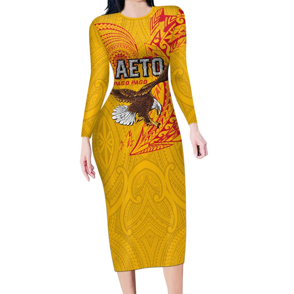 Personalised American Samoa Flag Day Long Sleeve Bodycon Dress Fautasi Race Pago Pago-Aeto Eagle Wings Tribal Style LT03 Long Dress Multicolor - Polynesian Pride