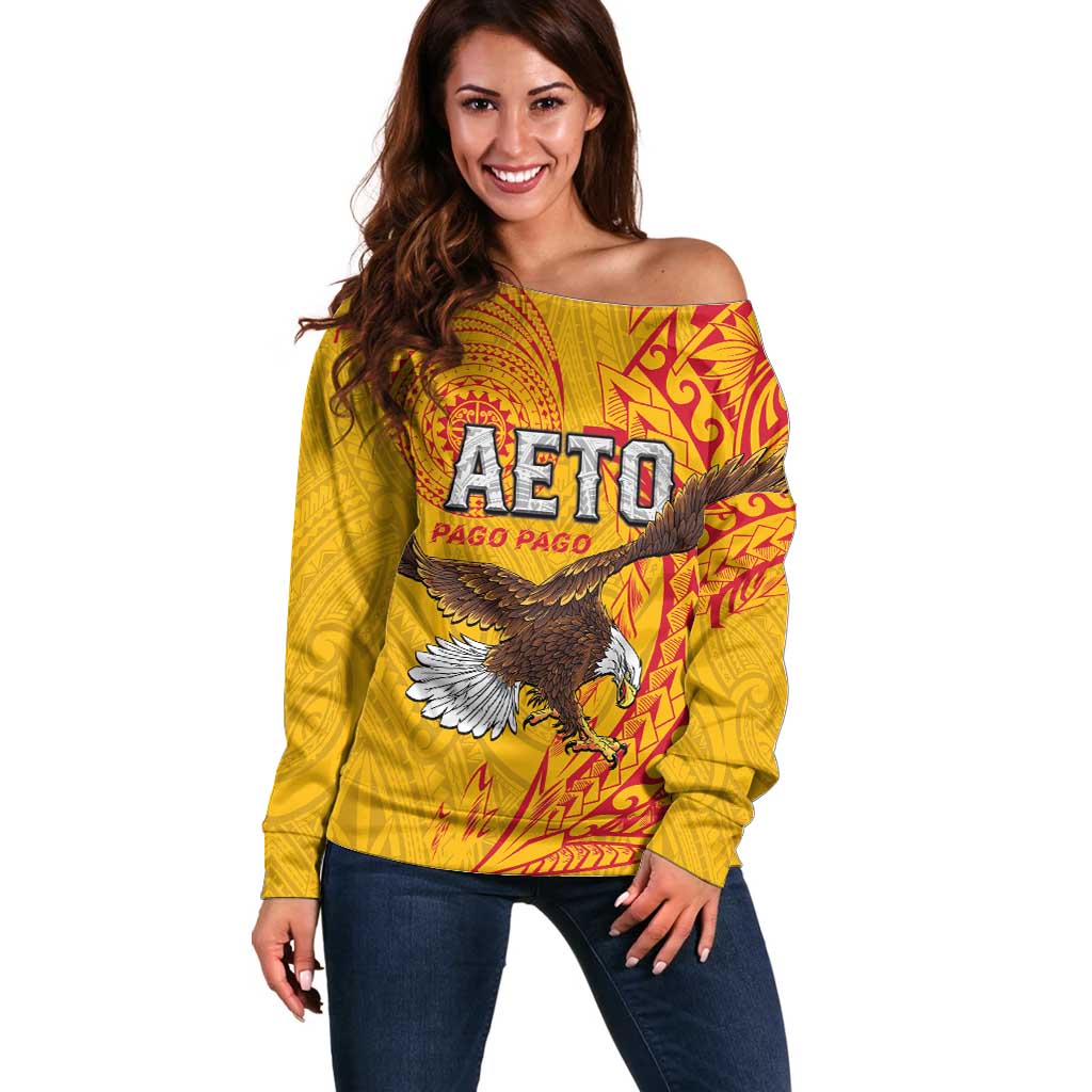 Personalised American Samoa Flag Day Off Shoulder Sweater Fautasi Race Pago Pago-Aeto Eagle Wings Tribal Style LT03 Women Multicolor - Polynesian Pride