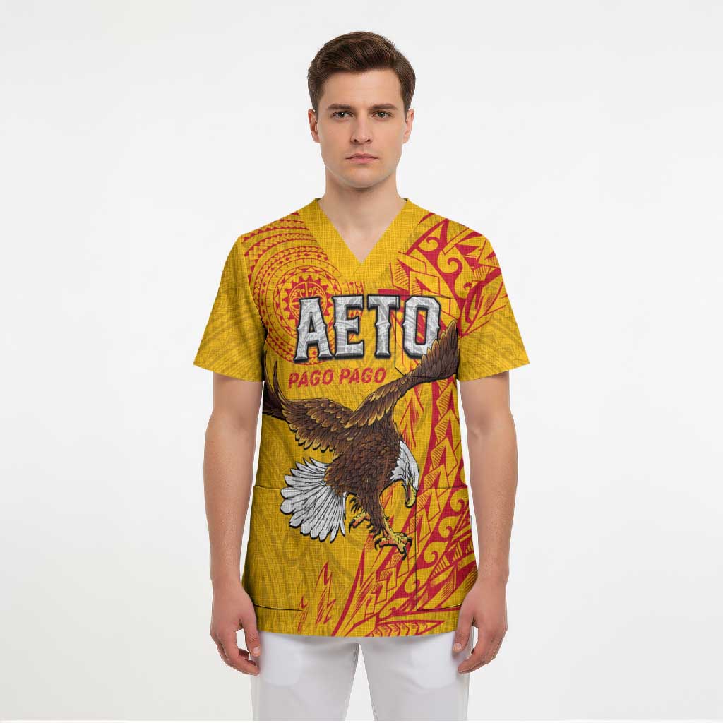 Personalised American Samoa Flag Day Scrub Top Fautasi Race Pago Pago-Aeto Eagle Wings Tribal Style