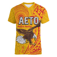 Personalised American Samoa Flag Day Women V-Neck T-Shirt Fautasi Race Pago Pago-Aeto Eagle Wings Tribal Style