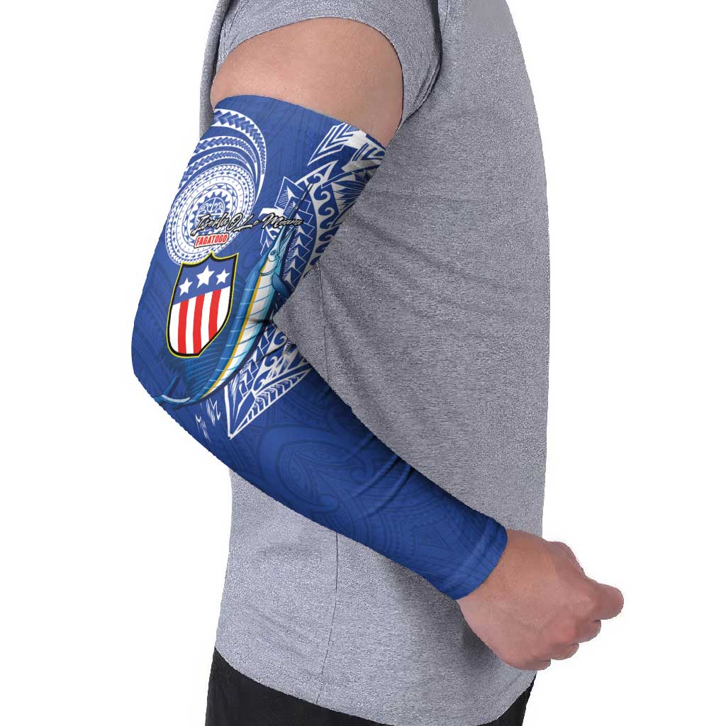 Personalised American Samoa Flag Day Arm Sleeves Fautasi Race Fagatogo-Iseula O Le Moana Sailfish Tribal Style