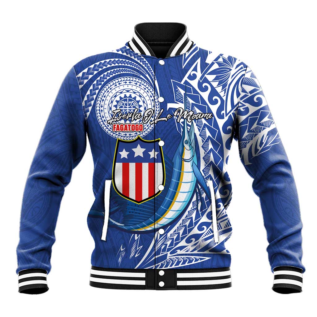 Personalised American Samoa Flag Day Baseball Jacket Fautasi Race Fagatogo-Iseula O Le Moana Sailfish Tribal Style