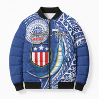 Personalised American Samoa Flag Day Bomber Puffer Jacket Fautasi Race Fagatogo-Iseula O Le Moana Sailfish Tribal Style