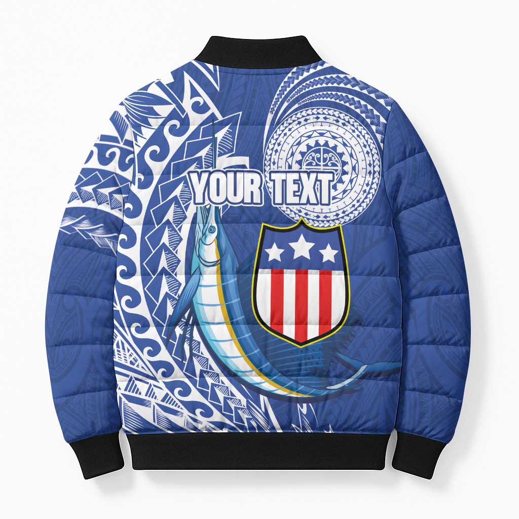 Personalised American Samoa Flag Day Bomber Puffer Jacket Fautasi Race Fagatogo-Iseula O Le Moana Sailfish Tribal Style