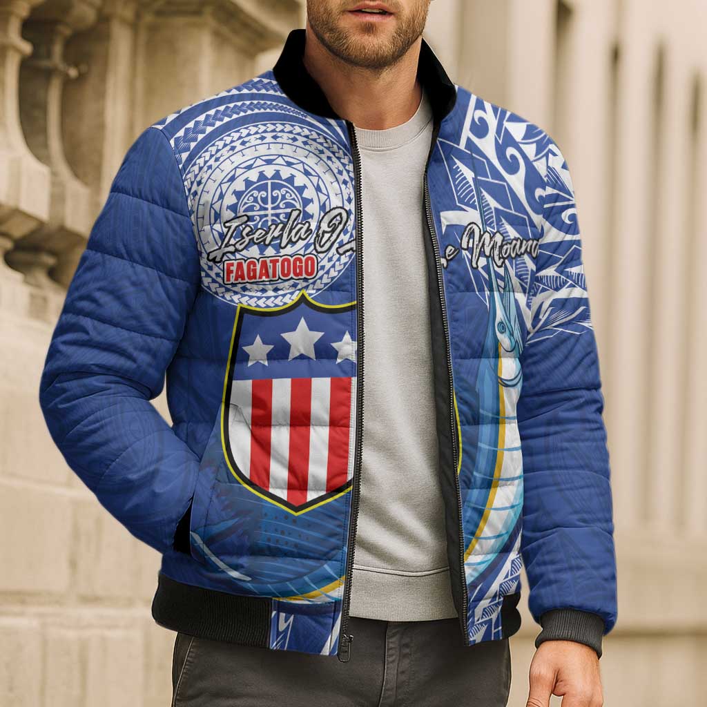 Personalised American Samoa Flag Day Bomber Puffer Jacket Fautasi Race Fagatogo-Iseula O Le Moana Sailfish Tribal Style