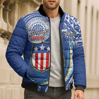 Personalised American Samoa Flag Day Bomber Puffer Jacket Fautasi Race Fagatogo-Iseula O Le Moana Sailfish Tribal Style