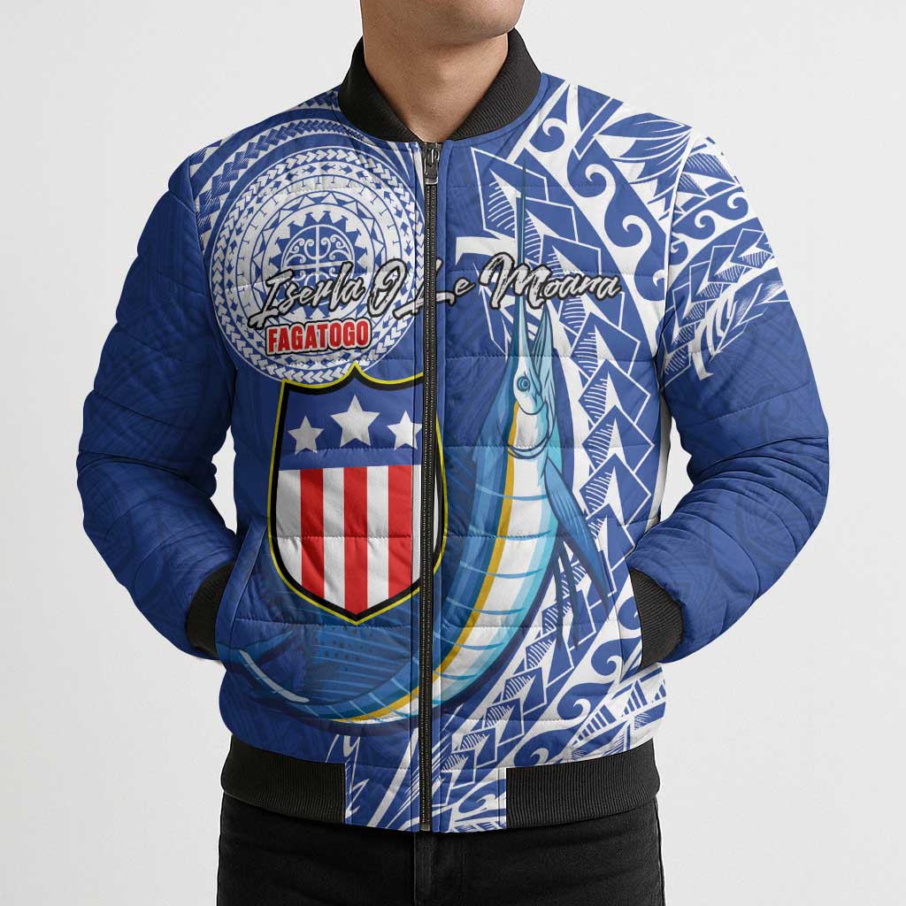 Personalised American Samoa Flag Day Bomber Puffer Jacket Fautasi Race Fagatogo-Iseula O Le Moana Sailfish Tribal Style