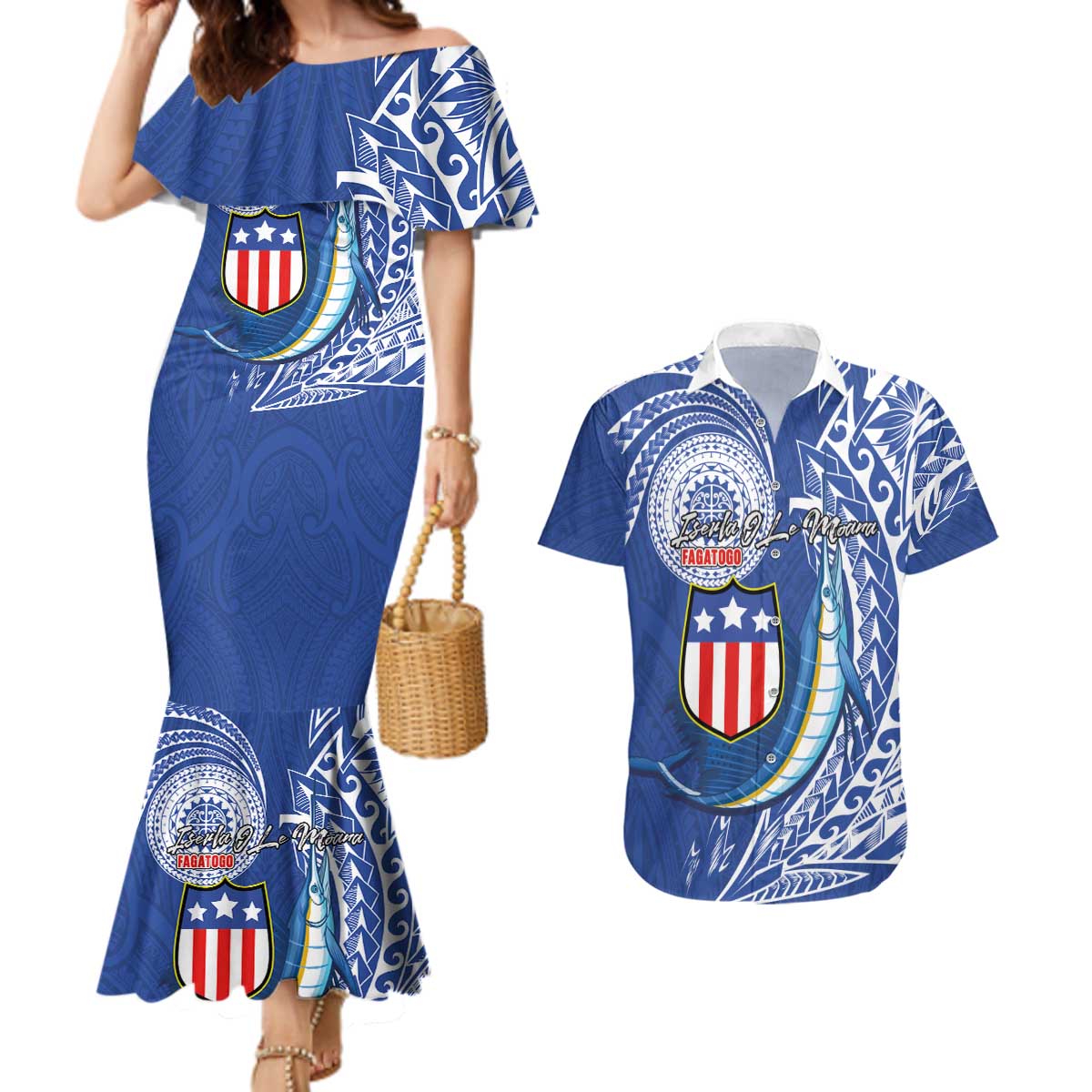 Personalised American Samoa Flag Day Couples Matching Mermaid Dress and Hawaiian Shirt Fautasi Race Fagatogo-Iseula O Le Moana Sailfish Tribal Style LT03 Multicolor - Polynesian Pride