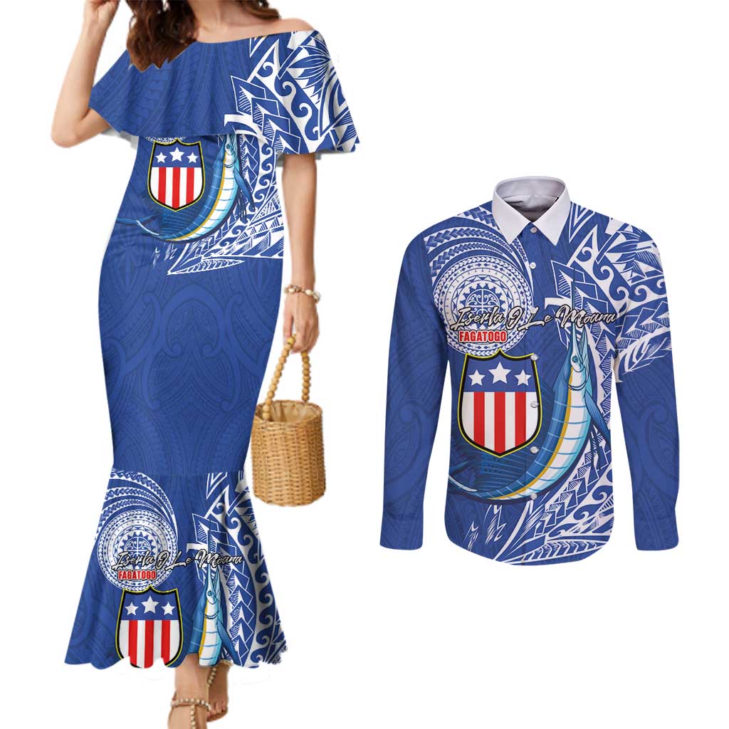 Personalised American Samoa Flag Day Couples Matching Mermaid Dress and Long Sleeve Button Shirt Fautasi Race Fagatogo-Iseula O Le Moana Sailfish Tribal Style