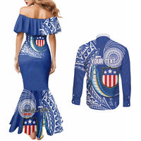 Personalised American Samoa Flag Day Couples Matching Mermaid Dress and Long Sleeve Button Shirt Fautasi Race Fagatogo-Iseula O Le Moana Sailfish Tribal Style LT03 - Polynesian Pride
