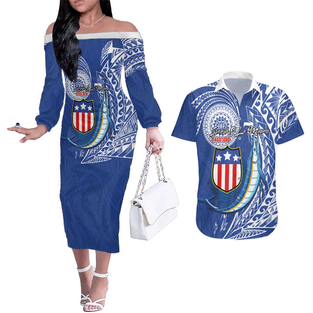 Personalised American Samoa Flag Day Couples Matching Off The Shoulder Long Sleeve Dress and Hawaiian Shirt Fautasi Race Fagatogo-Iseula O Le Moana Sailfish Tribal Style LT03 Multicolor - Polynesian Pride