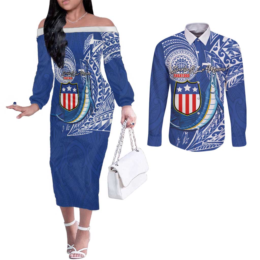 Personalised American Samoa Flag Day Couples Matching Off The Shoulder Long Sleeve Dress and Long Sleeve Button Shirt Fautasi Race Fagatogo-Iseula O Le Moana Sailfish Tribal Style