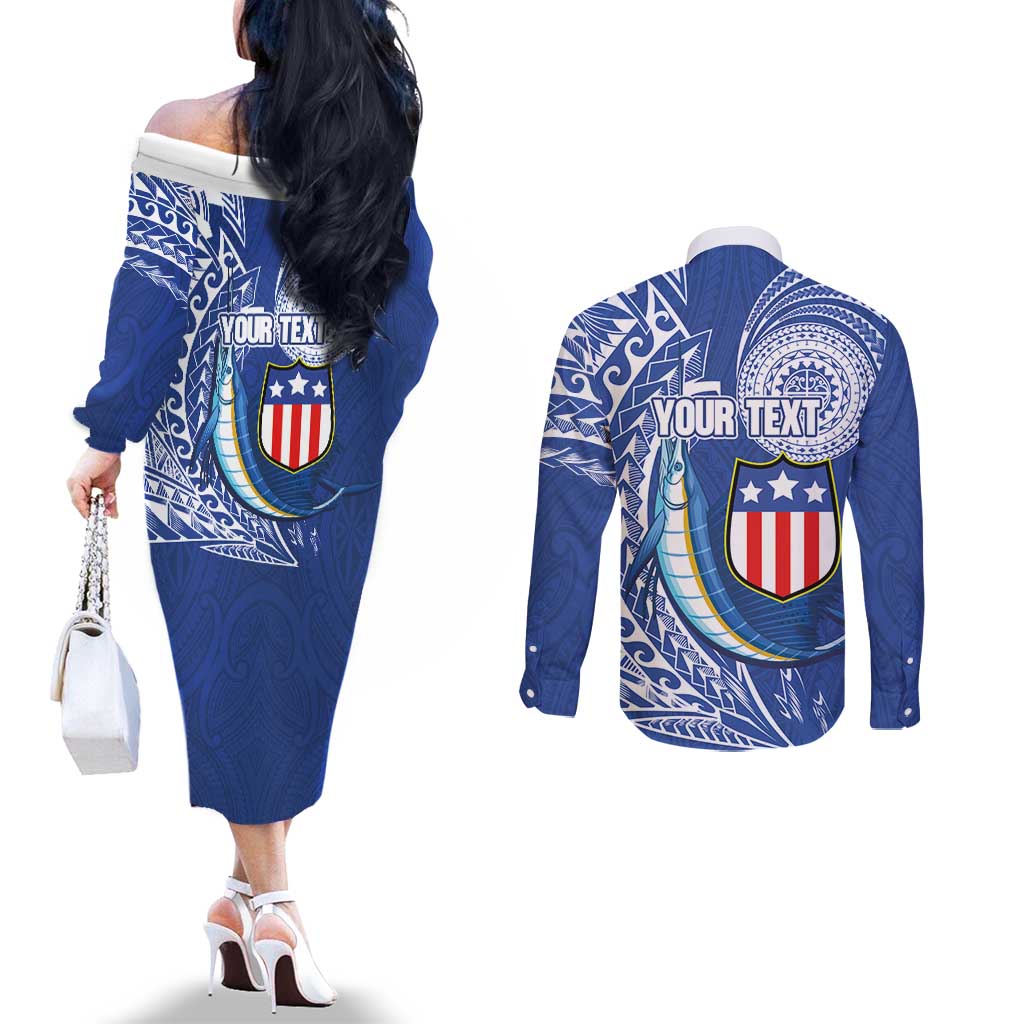 Personalised American Samoa Flag Day Couples Matching Off The Shoulder Long Sleeve Dress and Long Sleeve Button Shirt Fautasi Race Fagatogo-Iseula O Le Moana Sailfish Tribal Style LT03 - Polynesian Pride