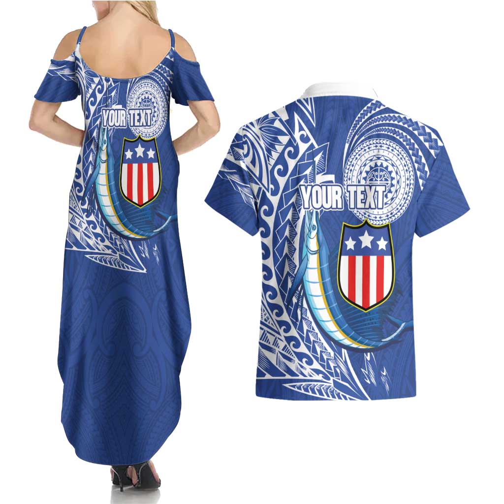 Personalised American Samoa Flag Day Couples Matching Summer Maxi Dress and Hawaiian Shirt Fautasi Race Fagatogo-Iseula O Le Moana Sailfish Tribal Style LT03 - Polynesian Pride