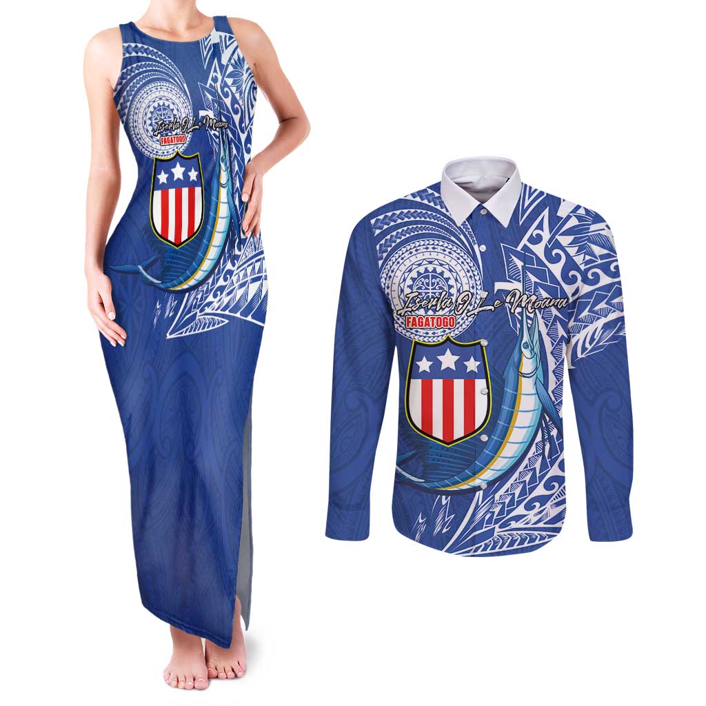 Personalised American Samoa Flag Day Couples Matching Tank Maxi Dress and Long Sleeve Button Shirt Fautasi Race Fagatogo-Iseula O Le Moana Sailfish Tribal Style LT03 Multicolor - Polynesian Pride